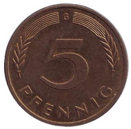 Монета 5 пфеннигов. 1990 год (G), ФРГ. Дубовые листья. Монета 5 пфеннигов. 1990 год (G), ФРГ. Дубовые листья.