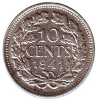 Монета 10 центов. 1941 год, Нидерланды. Серебро. Монета 10 центов. 1941 год, Нидерланды. Серебро.