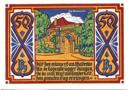 Ворота Ватерлоо. Нотгельд Оснабрюка. 50 пфеннигов. 1921 год, Веймарская республика (Германия).