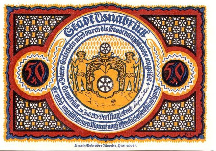 Ворота Ватерлоо. Нотгельд Оснабрюка. 50 пфеннигов. 1921 год, Веймарская республика (Германия). Ворота Ватерлоо. Нотгельд Оснабрюка. 50 пфеннигов. 1921 год, Веймарская республика (Германия).