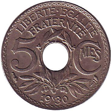 Монета 5 сантимов. 1930 год, Франция.