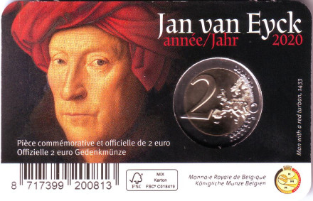 Монета 2 евро. 2020 год, Бельгия. (Надпись: Belgique). 630 лет со дня рождения Яна ван Эйка.
