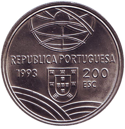 Монета 200 эскудо. 1993 год, Португалия. Спрингальд - механическое устройство артиллерии. (Эспингарда).