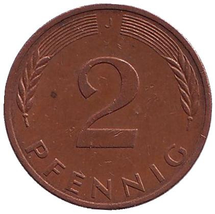 Монета 2 пфеннига. 1979 год (J), ФРГ. Дубовые листья.