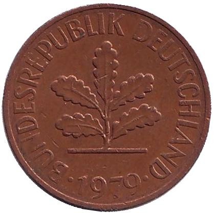 Монета 2 пфеннига. 1979 год (J), ФРГ. Дубовые листья. Монета 2 пфеннига. 1979 год (J), ФРГ. Дубовые листья.