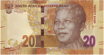 Банкнота 20 рандов. 2012 год, ЮАР. Нельсон Мандела.
