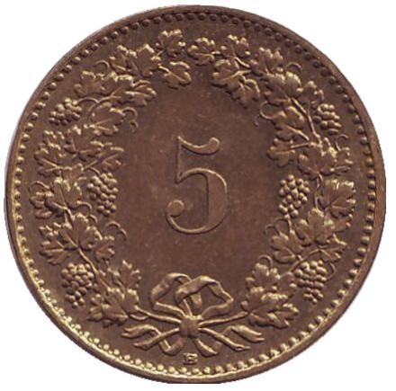 Монета 5 раппенов. 1998 год, Швейцария.