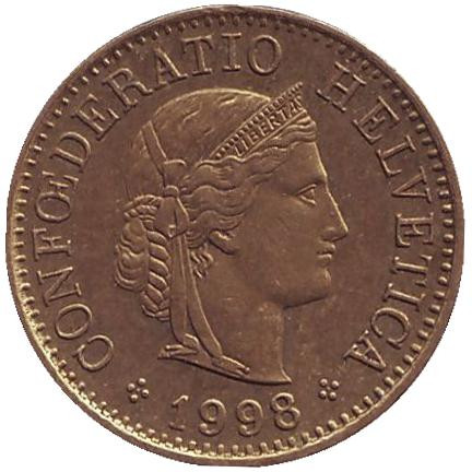 Монета 5 раппенов. 1998 год, Швейцария. Монета 5 раппенов. 1998 год, Швейцария.