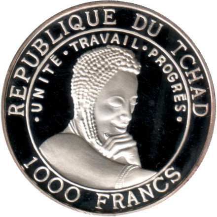 Монета 1000 франков. 1999 год, Чад. Окапи Джонстона. Монета 1000 франков. 1999 год, Чад. Окапи Джонстона.