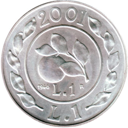Монета 1 лира. 2001 год, Италия. История лиры - лира 1946 года.