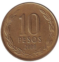 Монета 10 песо. 2000 год, Чили. Бернардо О’Хиггинс. Монета 10 песо. 2000 год, Чили. Бернардо О’Хиггинс.
