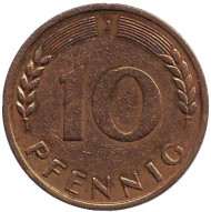 Монета 10 пфеннигов. 1967 год (J), ФРГ. Дубовые листья. Монета 10 пфеннигов. 1967 год (J), ФРГ. Дубовые листья.