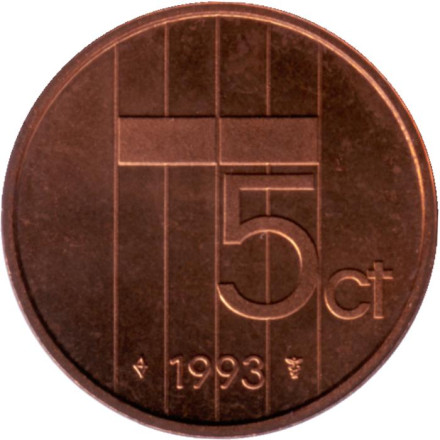 Монета 5 центов. 1993 год, Нидерланды. BU.