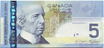 Банкнота 5 долларов. 2008 год, Канада. Сэр Уилфрид Лорье.