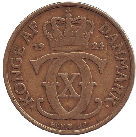 Монета 2 кроны. 1924 год, Дания. Кристиан X. Монета 2 кроны. 1924 год, Дания. Кристиан X.