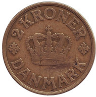 Монета 2 кроны. 1924 год, Дания. Кристиан X. Монета 2 кроны. 1924 год, Дания. Кристиан X.