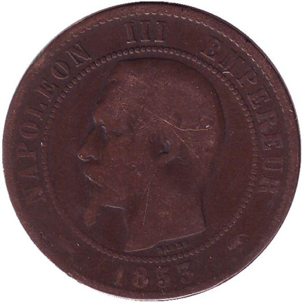 Монета 10 сантимов. 1853 год (A), Франция. Наполеон III.