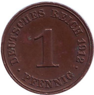 Монета 1 пфенниг. 1912 год (J), Германская империя. Монета 1 пфенниг. 1912 год (J), Германская империя.