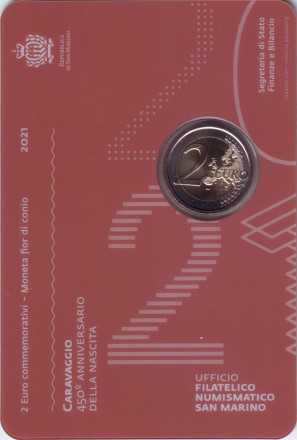 Монета 2 евро. 2021 год, Сан-Марино. 450 лет со дня рождения Караваджо. Монета 2 евро. 2021 год, Сан-Марино. 450 лет со дня рождения Караваджо.