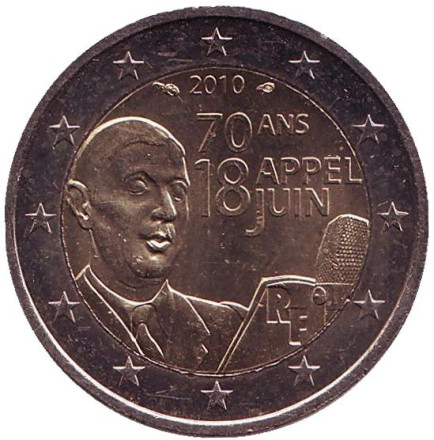 Монета 2 евро, 2010 год, Франция. 70 лет речи Шарля де Голля «Ко всем французам».