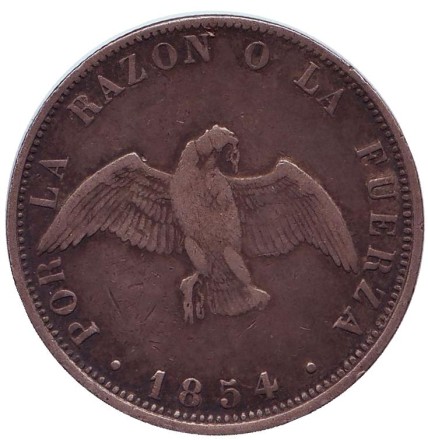 Монета 50 сентаво. 1854 год, Чили. Монета 50 сентаво. 1854 год, Чили.