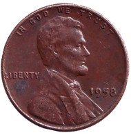 Монета 1 цент. 1958 год (P), США. Линкольн. Монета 1 цент. 1958 год (P), США. Линкольн.