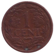 Монета 1 цент. 1918 год, Нидерланды.
