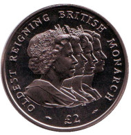 Монета 2 фунта. 2008 год, Южная Георгия и Южные Сандвичевы острова. Елизавета II - самый старый правящий британский монарх.