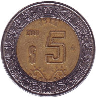 Монета 5 песо. 2001 год, Мексика. Монета 5 песо. 2001 год, Мексика.