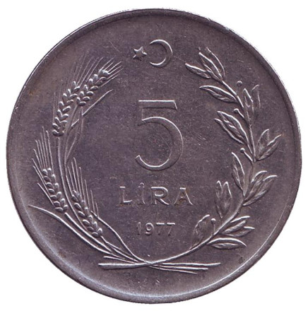 Монета 5 лир. 1977 год, Турция.