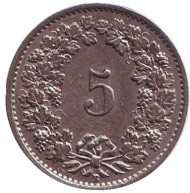 Монета 5 раппенов. 1947 год, Швейцария. Монета 5 раппенов. 1947 год, Швейцария.