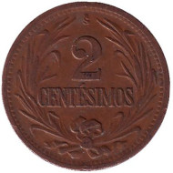 Монета 2 сентесимо. 1944 год, Уругвай. Монета 2 сентесимо. 1944 год, Уругвай.