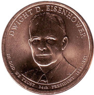 34-й президент США. Дуайт Эйзенхауэр. Монетный двор P. 1 доллар, 2015 год, США. 34-й президент США. Дуайт Эйзенхауэр. Монетный двор P. 1 доллар, 2015 год, США.