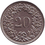 Монета 20 раппенов. 1938 год, Швейцария. Монета 20 раппенов. 1938 год, Швейцария.