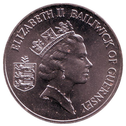 Монета 2 фунта. 1985 год, Гернси. 40 лет освобождения Гернси. Монета 2 фунта. 1985 год, Гернси. 40 лет освобождения Гернси.