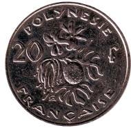 Монета 20 франков. 2008 год, Французская Полинезия. Плод хлебного дерева, стручки ванили.