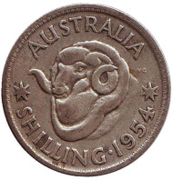 Монета 1 шиллинг. 1954 год, Австралия. Баран. Монета 1 шиллинг. 1954 год, Австралия. Баран.