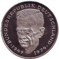 Монета 2 марки. 1980 год (J), ФРГ. Курт Шумахер. Монета 2 марки. 1980 год (J), ФРГ. Курт Шумахер.