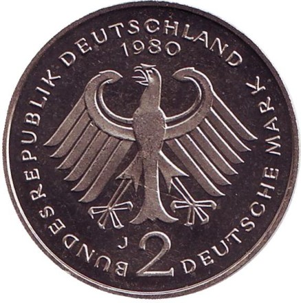 Монета 2 марки. 1980 год (J), ФРГ. Курт Шумахер. Монета 2 марки. 1980 год (J), ФРГ. Курт Шумахер.