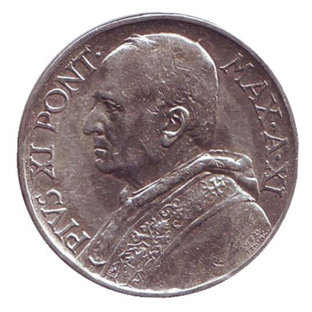 Монета 5 лир. 1932 год, Ватикан. Апостол Пётр. Монета 5 лир. 1932 год, Ватикан. Апостол Пётр.