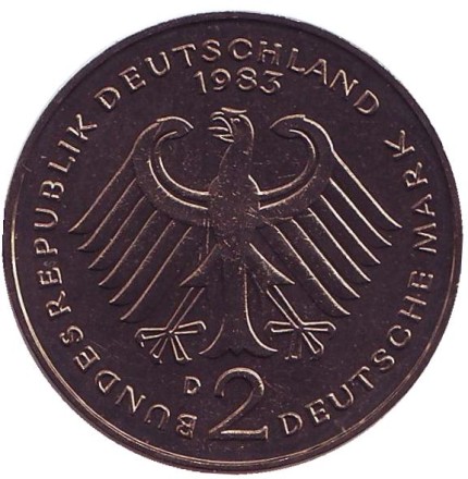 Монета 2 марки. 1983 год (D), ФРГ. Конрад Аденауэр.