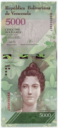 Банкнота 5000 боливаров. 2017 год, Венесуэла. Дата 23-03-2017.