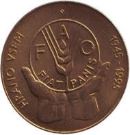 Монета 5 толаров. 1995 год, Словения. FAO. ФАО. 50 лет продовольственной программе. Монета 5 толаров. 1995 год, Словения. FAO. ФАО. 50 лет продовольственной программе.