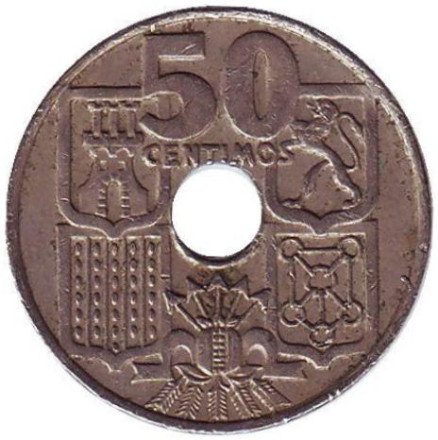 Монета 50 сентимо. 1949 год, Испания. (62 внутри звезды) Монета 50 сентимо. 1949 год, Испания. (62 внутри звезды)