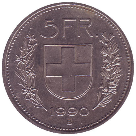 Монета 5 франков. 1990 год, Швейцария. Вильгельм Телль. Монета 5 франков. 1990 год, Швейцария. Вильгельм Телль.