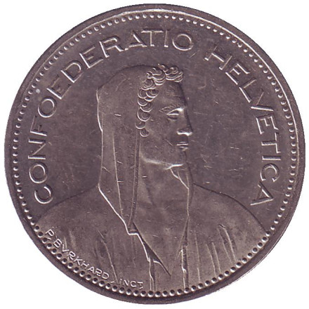 Монета 5 франков. 1990 год, Швейцария. Вильгельм Телль.