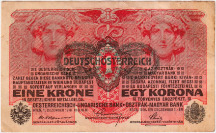Банкнота 1 крона. 1916 год, Австрия. Выпуск 1919 года, с надпечаткой.