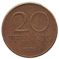 Монета 20 пфеннигов. 1974 год, ГДР. Монета 20 пфеннигов. 1974 год, ГДР.