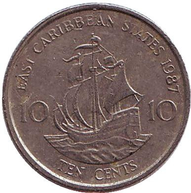 Монета 10 центов. 1987 год, Восточно-Карибские государства. Парусник.