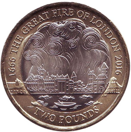 Монета 2 фунта. 2016 год, Великобритания. 350 лет Великому лондонскому пожару.